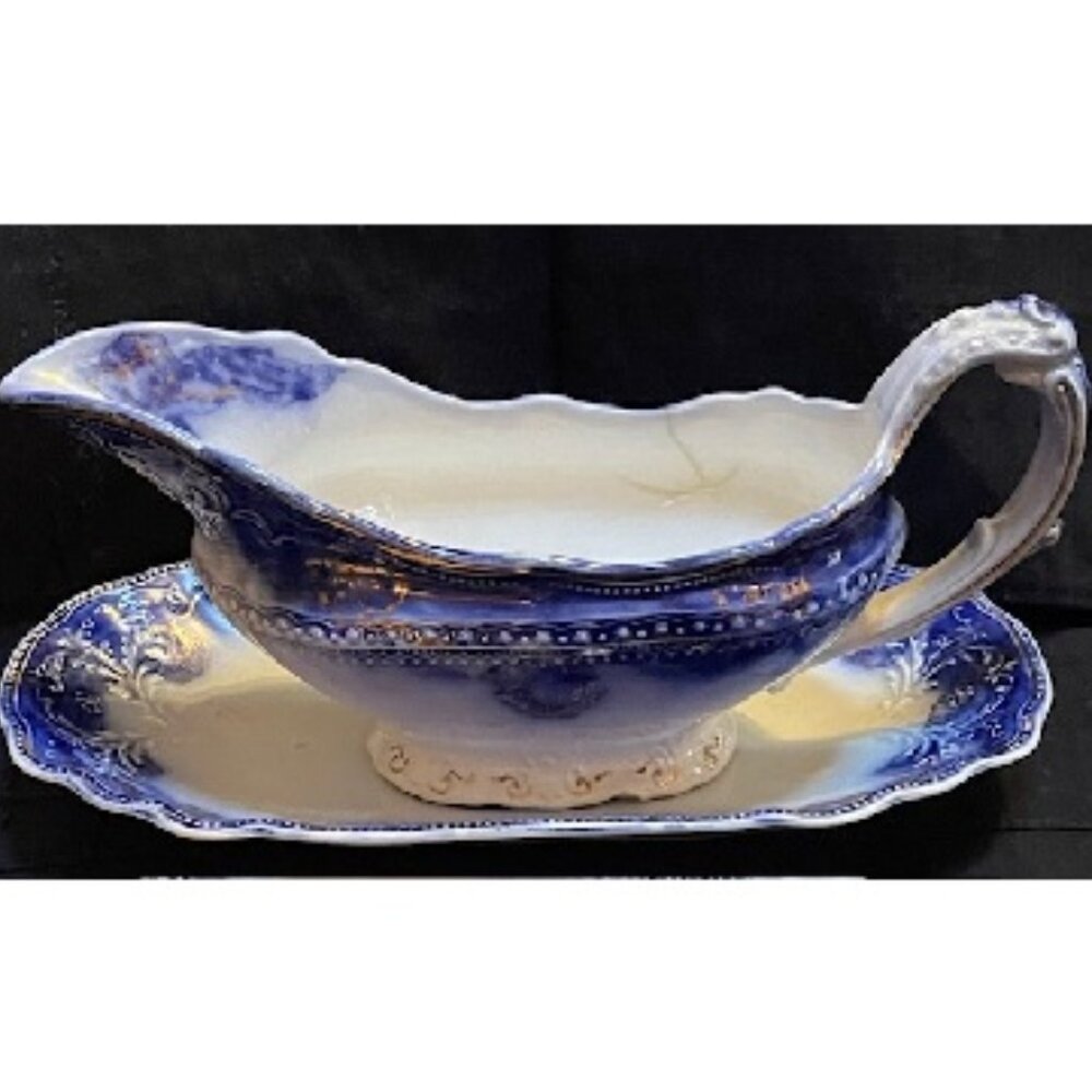 Antique Geneva New Wharf Porcelain Gravy Boat & Plate Blue/Gold Late 1800's